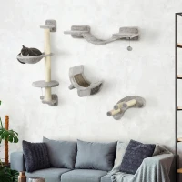 PawHut 4Pcs Cat Wall Shelf with Scratching Post, Cat Wall Shelves for Relaxing, Climbing, Cat Wall With Soft Ladder, Hammock, Play Balls, Grey(m-8)