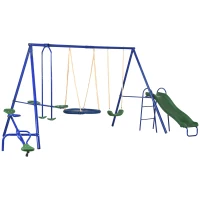 Outsunny Swing Set for Backyard, 5 in 1 Heavy-Duty A-Frame Stand Outdoor Playset for Kids with 29.5" Saucer Swing, Slide, Seesaw, Glider, Swing Seat, Blue(m-1)