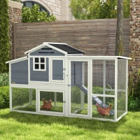 PawHut 76" Wooden Chicken Coop with Outdoor Run, Nesting Box, Removable Tray and Lockable Doors, Grey(m-8)