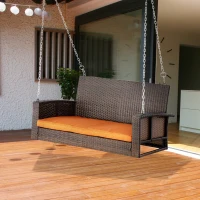 Outsunny 2 Person Wicker Hanging Swing Bench, Front Porch Swing Outdoor Chair with Cushions 550 lbs. Weight Capacity for Backyard, Garden, Orange(m-10)