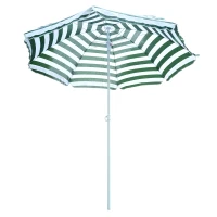 Outsunny 6FT Round Beach Umbrella with Tilt Mechanism, Outdoor UV Protection Sun Shaded Canopy with Push Button, Striped Green(m-11)