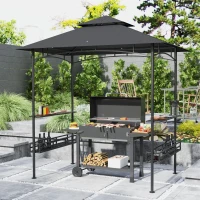 Outsunny 8' x 5' Barbecue Gazebo, 2-Tier BBQ Gazebo with 2 Side Shelves, Storage Basket, Hanging Hooks, Dark Grey(m-1)