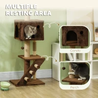 PawHut 89"-100" Floor to Ceiling Cat Tree with Cat Condo, Scratching Posts, 3-Steps, Perches, Hanging Ball & Anti-Tip Kit Brown(m-7)