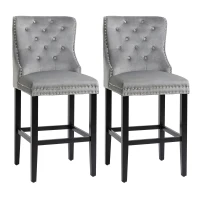 HOMCOM Upholstered Fabric Bar Stool Set of 2, Button Tufted 29.5" Seat Height Pub Chairs with Back & Wood Legs, Grey(m-2)