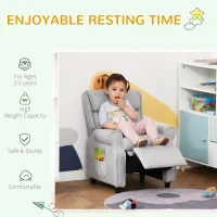 Qaba Kids Recliner Chair Children Sofa Angle Adjustable Single Lounger Armchair Gaming Chair with Footrest 2 Side Pockets for 3-5 Years, Light Grey(m-4)