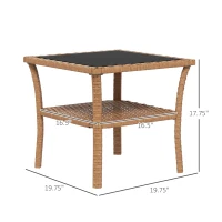 Outsunny Rattan Side Table, Outdoor End Table with Storage Shelf, Aluminum Frame Square, Coffee Table with Tempered Glass Top, Sand(m-3)
