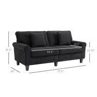 HOMCOM Modern 3-Seater Sofa 78" Thick Padded Comfy Couch with 2 Pillows, Corduroy Fabric Upholstery, Pine Wood Legs and Rounded Arms for Living Room, Black(m-3)