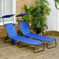 Outsunny Pool Chaise Lounge Chairs Set of 2, Folding Lounge Chairs with Sunshade, Reclining Back, Steel Frame, Blue(m-2)
