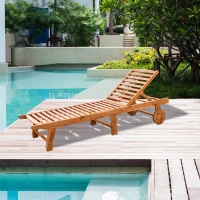 Outsunny Outdoor Patio Lounger with 4-Level Adjustable Backrest, Acacia Wood Sun Lounger, Foldable Chaise Longue with Wheels for Lawn, Poolside, Backyard, Deck, Teak(m-1)