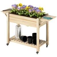 Outsunny Wood Raised Planter Box, Elevated Garden Bed with Lockable Wheels, Side Tables, Bottom Shelf, Drain Holes, Natural