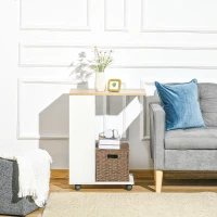 HOMCOM C-Shaped Sofa Side Table Mobile End Table with Storage and Wheels for Living Room,Office, White(m-6)