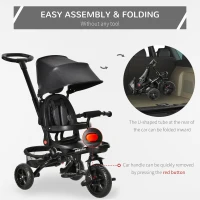 Qaba Tricycle for Toddler 4 in 1 Kids Trike with Reversible Adjustable Seat, Baby Push Bike with Removable Handle, Canopy, Belt Storage Brake Clutch for 1-5 Years, Black(m-9)