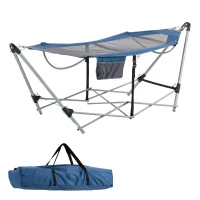 Outsunny Foldable Outdoor Hammock with Stand, Portable Hammock Bed with Carrying Bag and Pocket for Travel, Beach, Backyard, Patio, Hiking, Dark Blue(m-2)