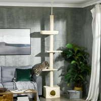 PawHut Floor to Ceiling Cat Tree with Scratching Post for Indoor Cats, Adjustable Height Cat Tower (91-102 Inches) with House, Bed, Beige(m-1)