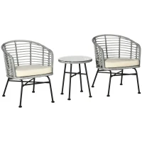 Outsunny 3 Piece Patio Bistro Set, PE Rattan with Cushioned Barrel Chairs & Glass Coffee Table, Conversation Set, Cream White(m-11)