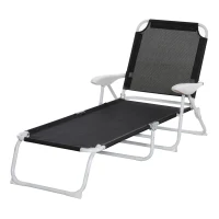 Outsunny Folding Lounge Chair, Portable Outdoor Chaise Lounge, Sun Tanning Chair with 4-Position Reclining Back, Armrests, Metal Frame and Mesh Fabric for Beach, Yard, Patio, Black(m-11)
