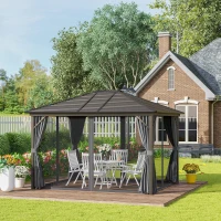 Outsunny 10' x 12' Deluxe Hardtop Gazebo with Metal Roof, Aluminum Frame Patio Gazebo Garden Sun Shelter Outdoor Pavilion with Curtains and Netting, Grey(m-8)