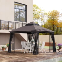 Outsunny 10'x10' Soft-top Patio Gazebo with Double Tier Roof, Mesh Curtains, Display Shelves, Top Hooks, Coffee(m-8)