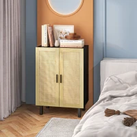 HOMCOM Boho Kitchen Cabinet, Buffet Cabinet with 2 Rattan Doors and Adjustable Shelves for Dining Room, Black and Natural(m-10)