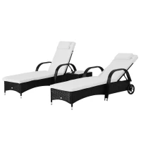 Outsunny Patio Rattan Lounge Set has a Wheeled Wicker Chaise Lounge Chair and A Table with A Tempered Glass Top, White(m-11)