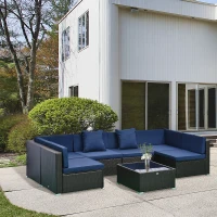 Outsunny 7-Piece Patio Furniture Set, Outdoor Wicker Conversation Set, All Weather PE Rattan Sectional Sofa Set with Cushions and Tempered Glass Top Coffee Table, Pillows, Dark Blue(m-10)
