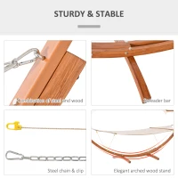 Outsunny 2 Person Wood Swing Arc Hammock Bed and Stand Set with Canopy, White/Teak(m-5)