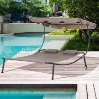 Outsunny Patio Double Chaise Lounge Chair, Outdoor Wheeled Hammock Daybed with Adjustable Canopy and Pillow for Sun Room, Garden, or Poolside, Brown(m-2)