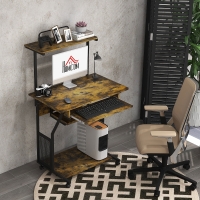 HOMCOM 32" Mobile Computer Table, Rolling Study Desk for Home Office with Keyboard Tray, Storage Shelves, Wheels, Rustic Brown