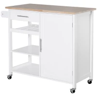 HOMCOM Rolling Kitchen Island with Storage, Kitchen Cart with Solid Wood Countertop, Drawer, Adjustable Shelf and Wine Rack, White(m-11)