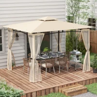 Outsunny 10' x 12' Outdoor Gazebo with Nettings, 2 Tier Patio Gazebo Canopy for Garden, Backyard, Deck, Beige(m-10)