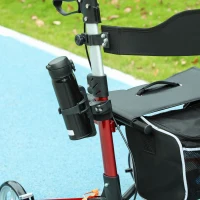 HOMCOM Lightweight Folding Rolling Walker with Large Seat, Back, Adjustable Handle, Bag, Dual Brake, Cane Holder, Red(m-10)
