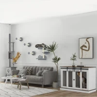 PawHut 47in Dog Crate Furniture with Divider Panel, Wooden Dog Kennel TV Stand for Large Breeds, Pet House Side Table for 2 Small Breeds with 2 Rooms Design, 2 Sliding Doors, White(m-10)