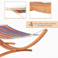 Outsunny Outdoor Hammock with Stand, Extra Large Heavy Duty Wooden Frame, No Tree Needed, 12.8' Indoor Outside Boho Style Nap Bed, Natural Cotton, Rainbow(m-5)