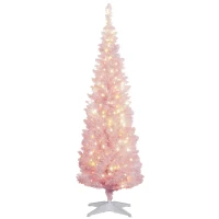 HOMCOM 5ft Pencil Christmas Tree, Slim Artificial Christmas Tree with Snow Flocked Branches and Warm White LED Lights, Pink(m-1)