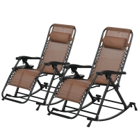 Outsunny 2 Outdoor Rocking Chairs Foldable Reclining Zero Gravity Lounge Rockers w/ Pillow Cup & Phone Holder, Brown