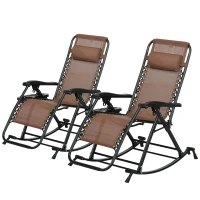 Outsunny 2 Outdoor Rocking Chairs Foldable Reclining Zero Gravity Lounge Rockers w/ Pillow Cup & Phone Holder, Brown(m-1)