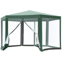 Outsunny 13' x 11' Hexagon Outdoor Party Tent Sun Shelter Canopy with Protective Mesh Screen Walls, Green(m-1)