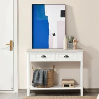 HOMCOM Console Table with 2 Storage Drawers and Open Shelf, Vintage Distressed Sofa Table for Hallway, Living Room, or Bedroom, White(m-7)