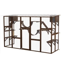 PawHut Large Outdoor Catio with Condos, Platforms, Doors, Ladders, Weather-Resistant Roof, Espresso(m-2)