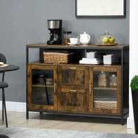 HOMCOM Kitchen Sideboard Industrial Style Serving Buffet Storage Cabinet Cupboard with Adjustable Shelves, Glass Doors, 2 Drawers for Dining, Living Room, Rustic Brown(m-8)