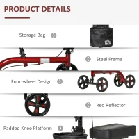 HOMCOM Knee Walker, Foldable Steerable Medical Knee Scooter, Crutch Alternative with Drum Braking System, Storage Bag for Foot Injuries, Red(m-6)