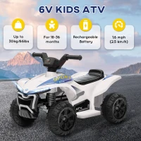 Qaba Kids ATV, 6V Battery Powered Electric Vehicle with Headlights, Music, Forward/Reverse Switch for 18-36 Months, White(m-7)