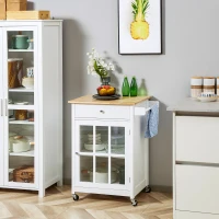 HOMCOM 27" Rolling Kitchen Island Cart with Drawer and Glass Door Cabinet, Kitchen Trolley with Adjustable Shelf and Towel Rack, White(m-10)