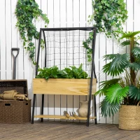 Outsunny Raised Garden Bed with Trellis & Storage Shelf, Elevated Planter Box with Metal Legs, Bed Liner and Drainage Holes, for Vegetable Vines, Climbing Plants, Flowers, Natural(m-10)