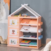 Qaba Kids Toy Storage Organizer with 4 Bins, Storage Cabinets, Bookshelf and 4-Layers Toy Collection Shelves, Orange(m-2)