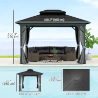 Outsunny 10' x 12' Hardtop Gazebo, Sun Shelter with Double Tier Metal Roof, Mosquito Netting, and Hanging Hook, Light Grey(m-4)