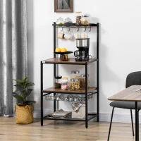 HOMCOM Industrial Multifunctional Kitchen Bakers Rack, Microwave Stand, Coffee Bar Station with Storage Shelves, Wire Basket, 5 Hanging Hooks, Walnut(m-8)
