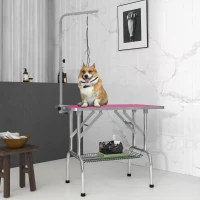PawHut Foldable Grooming Table for Dogs with Height Adjustable Grooming Arm, Storage Shelf, Pink(m-8)