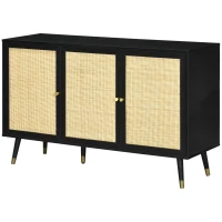 HOMCOM Kitchen Sideboard Cabinet, Boho Storage Cabinet with Shelves, Wood Legs, Decorative Rattan Doors, Black(m-11)