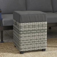 Outsunny 2 PCS Patio Wicker Ottoman Set, Square Outdoor PE Rattan Footrest with Removable Cushion for Backyard, Grey(m-10)